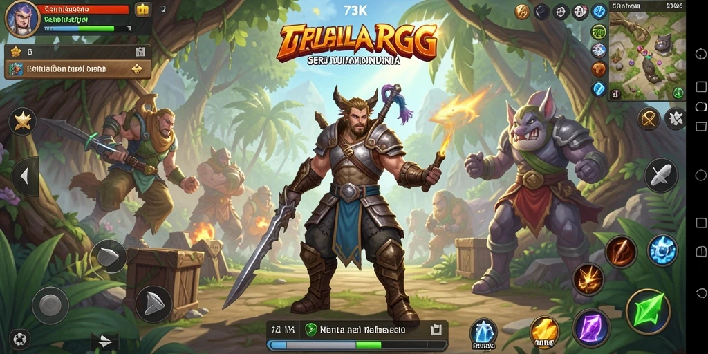 Screenshot menunjukkan aksi pertarungan epik dalam game RPG 73K.
