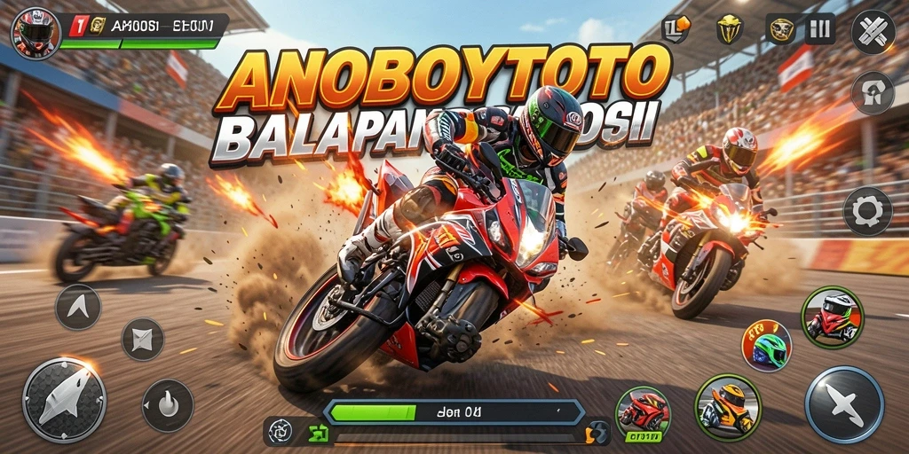 Screenshot gameplay ANOBOYTOTO menunjukkan balapan motor yang mendebarkan.