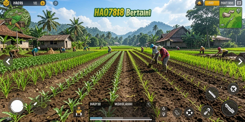 Screenshot HAO788 menampilkan aktivitas seru bertani dan panen.