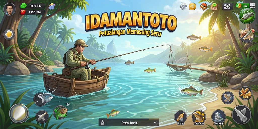 Screenshot menunjukkan gameplay memancing yang menegangkan dan indah.