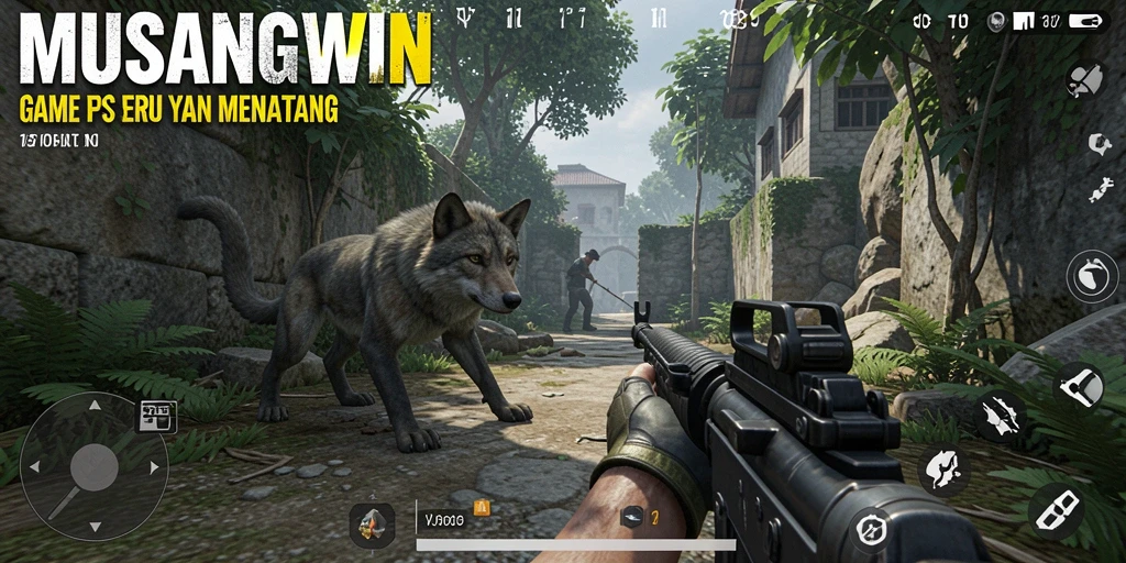 Screenshot gameplay MUSANGWIN menunjukkan aksi penembakan yang intens dan mendebarkan.